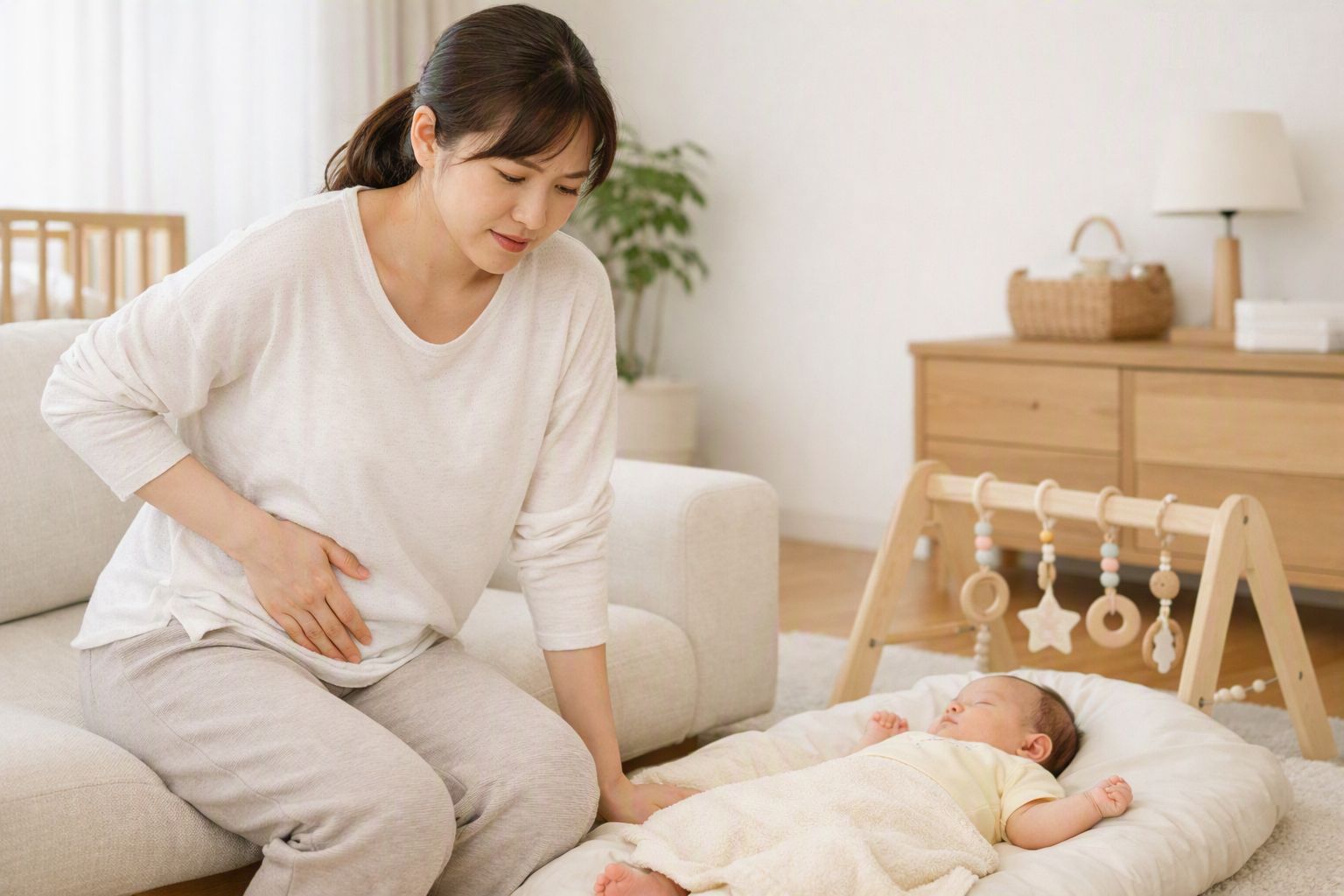 赤ちゃんのそばで、立ち上がる時に恥骨周辺へ手を添えている産後の女性