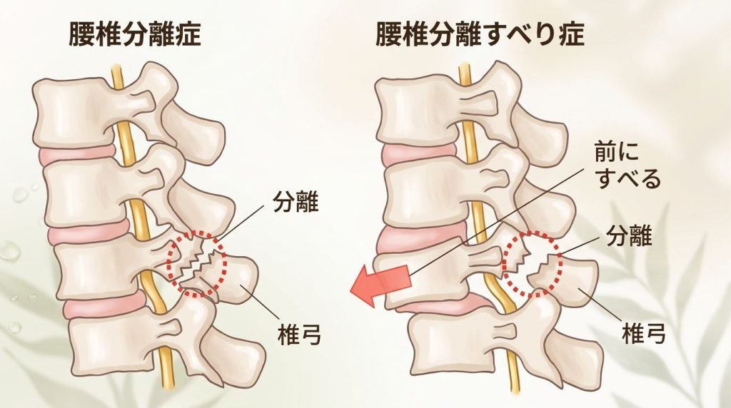 脊椎分離症と脊椎分離すべり症の説明図