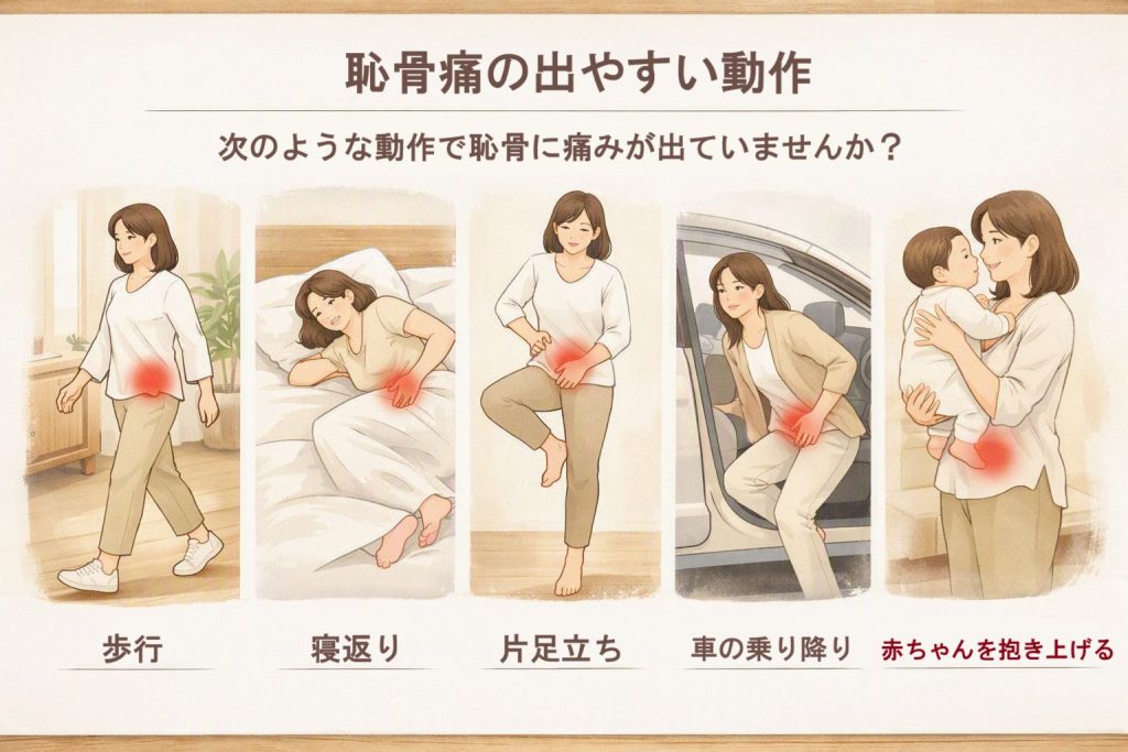 歩行、寝返り、片脚立ち、車の乗り降り、赤ちゃんの抱き上げで恥骨痛が出やすいことを示す図