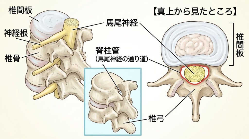 腰椎と神経の通り道の説明図