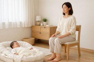 赤ちゃんのそばで、女性が椅子へ座り静かに呼吸している場面