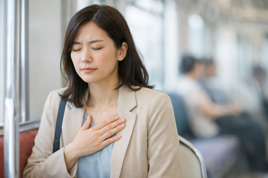 移動中に動悸や息苦しさを感じて不安になる女性