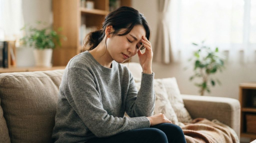 めまいやふらつきを感じて頭に手を添える女性