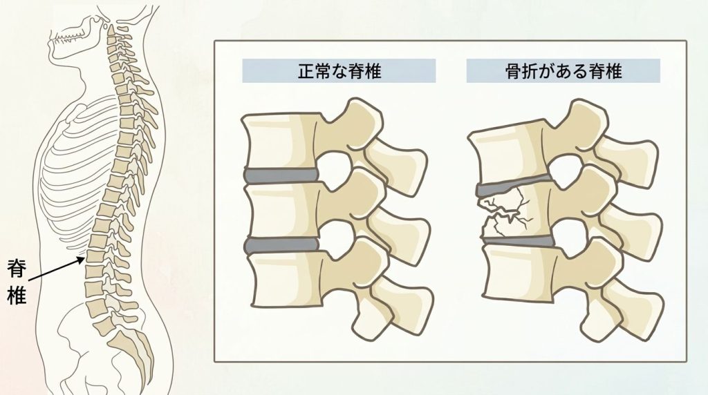 正常な脊椎と骨折がある脊椎の説明図