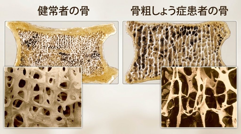 健常者の骨と骨粗しょう症患者の骨の比較