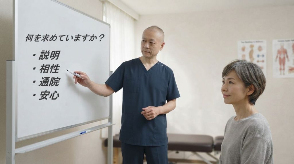 整体院に求めることとして、説明・相性・通院・安心を確認しているイメージ