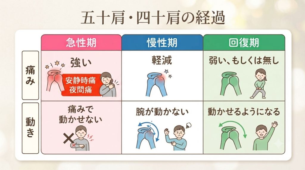 五十肩の急性期・慢性期・回復期の経過図