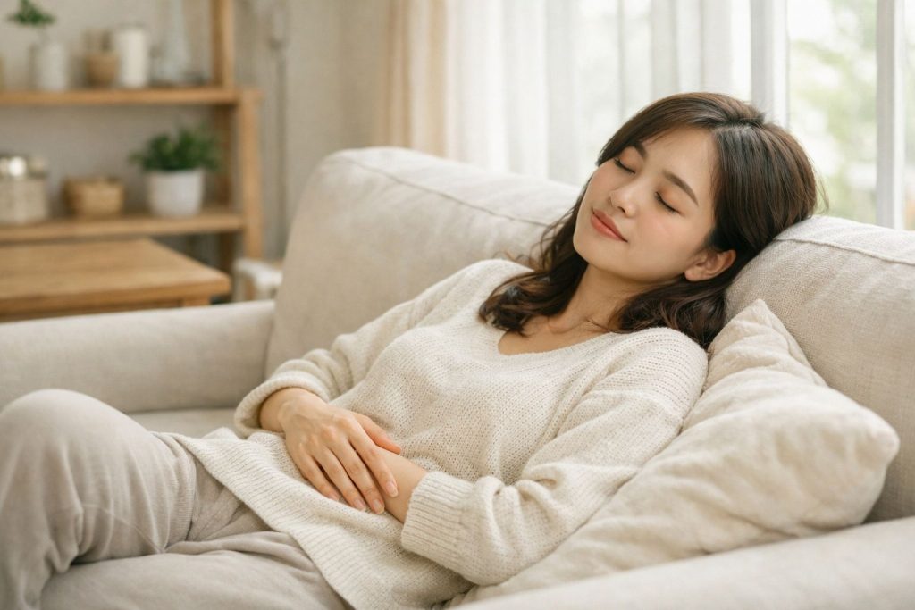 生理前に心身が重くなり静かに休んでいる女性