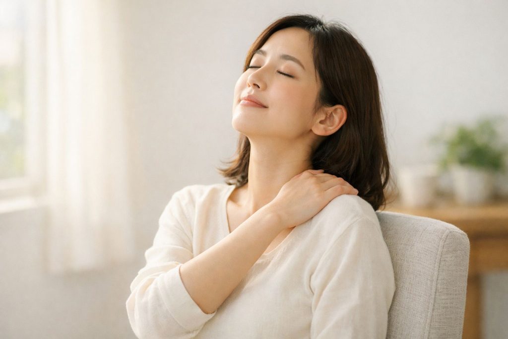 肩に手を添えながら座ってひと息ついている女性
