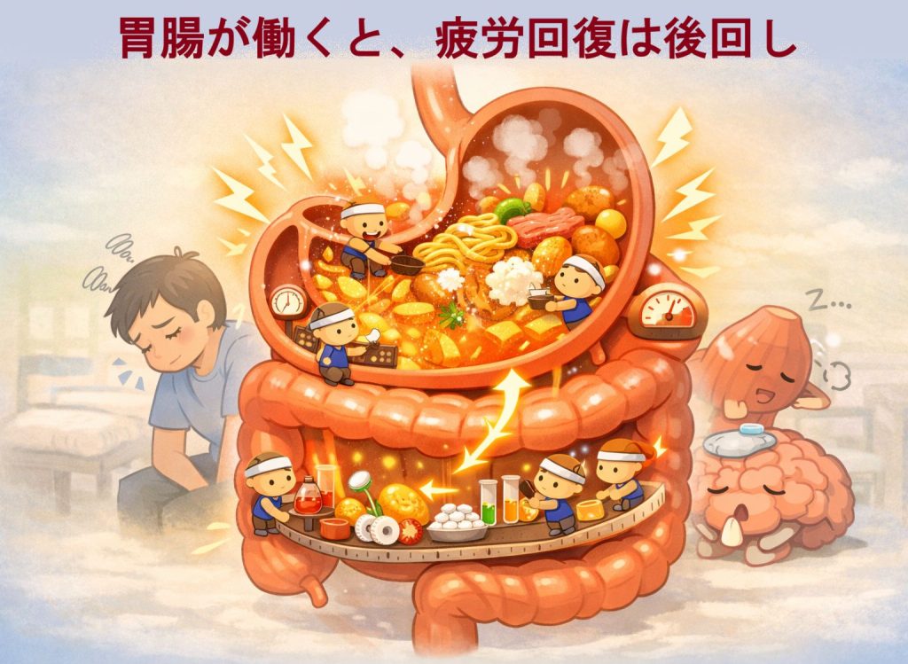 胃腸が消化吸収に身体のエネルギーを使ってしまうので、身体の疲労回復は後回しになるイメージ