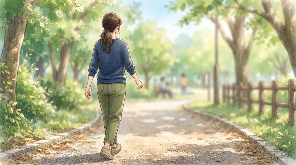 公園を自然に歩く女性の後ろ姿