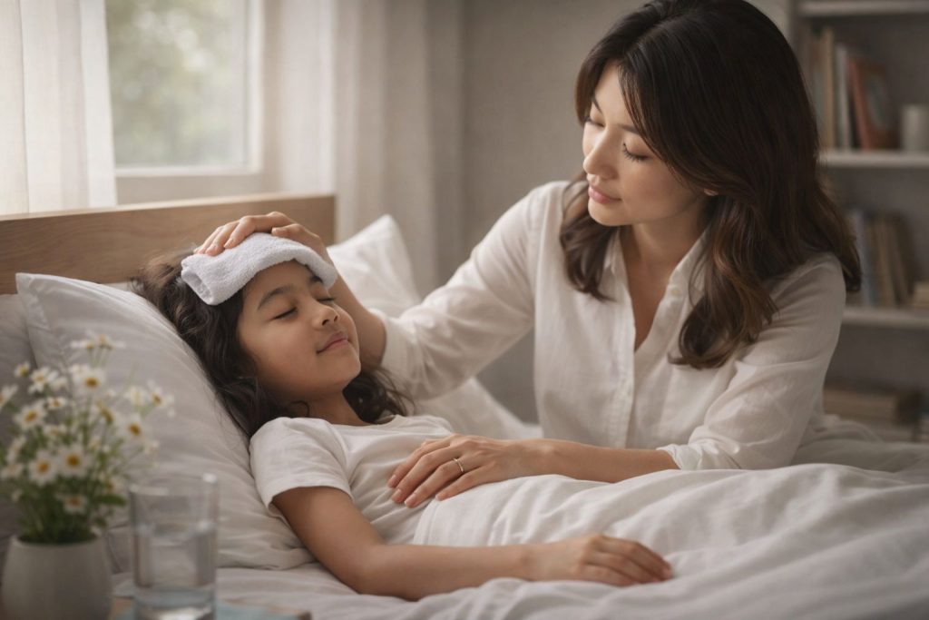 頭痛の子供を母親が看病しているイメージ
