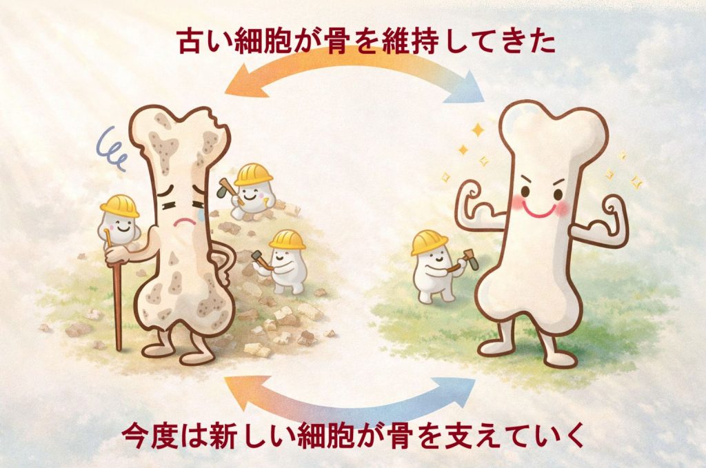 古い骨の細胞と新しい骨の細胞のイラスト
