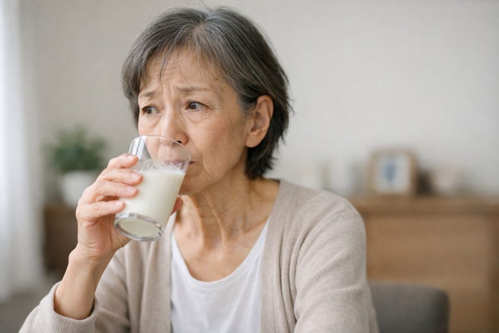 牛乳を飲む高齢の女性のイメージ