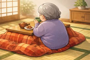 おばあちゃんがこたつでお茶を飲んでいるイメージ