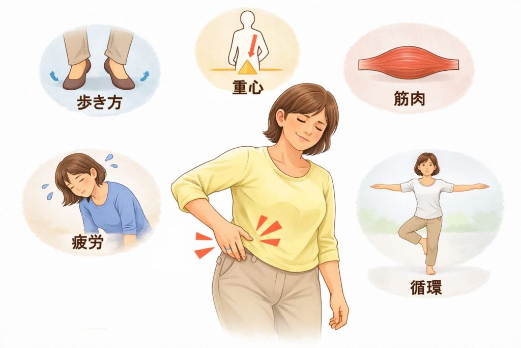 股関節に負担をかけている重心・歩き方・筋肉の緊張・疲労・循環の図