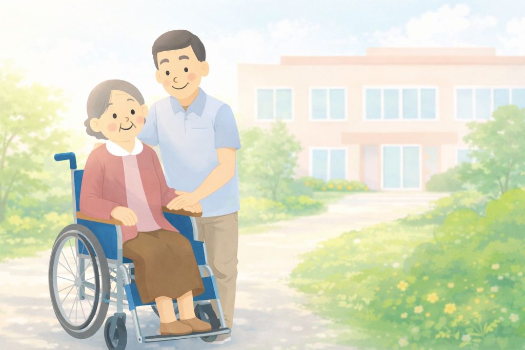 高齢者施設と車椅子の高齢女性を支えるスタッフのイラスト