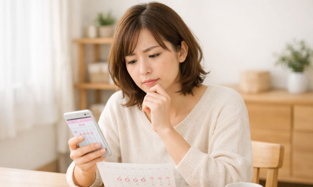 スマートフォンの月経記録やカレンダーを見ながら、心配そうな女性
