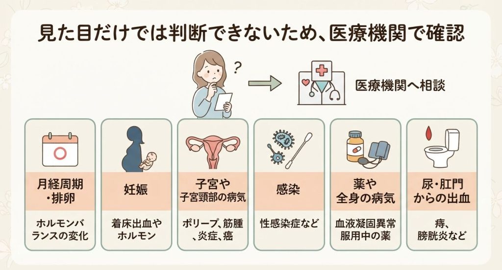 不正出血に関係する背景と医療機関での確認を示した図
