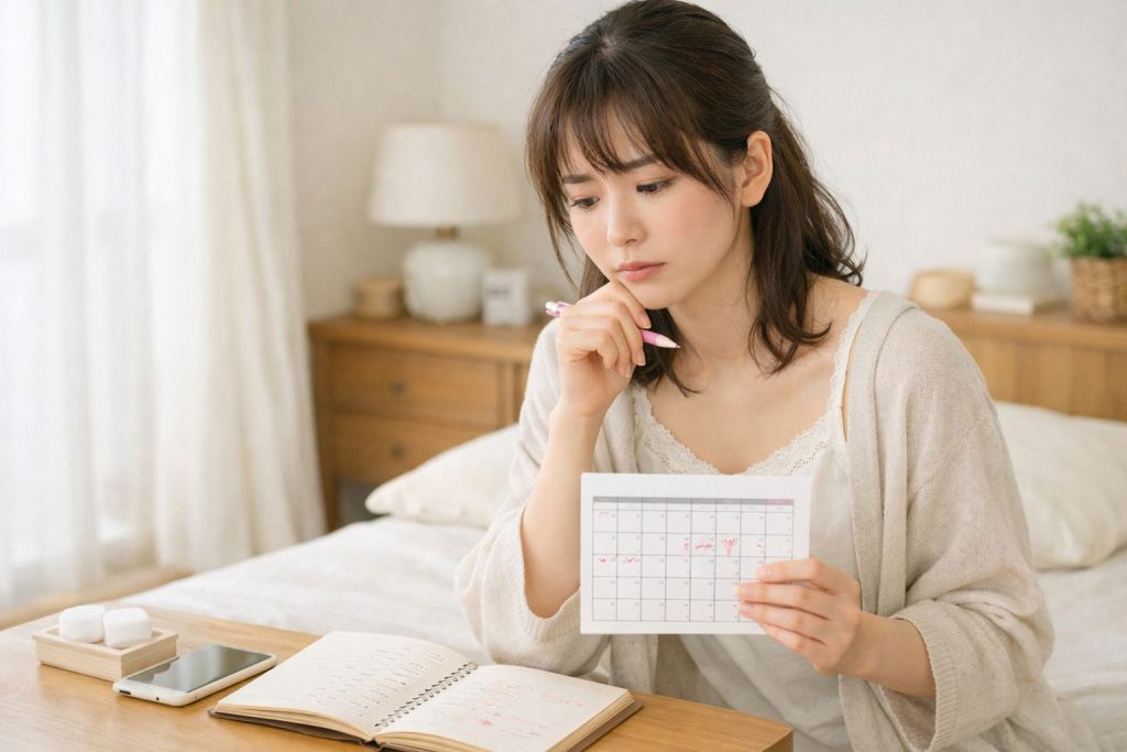 月経記録を確認した後、不安そうに考えている女性