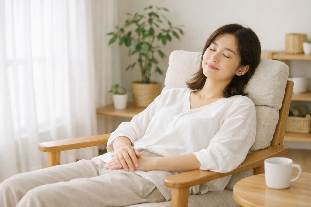 目を閉じて静かに休んでいる女性