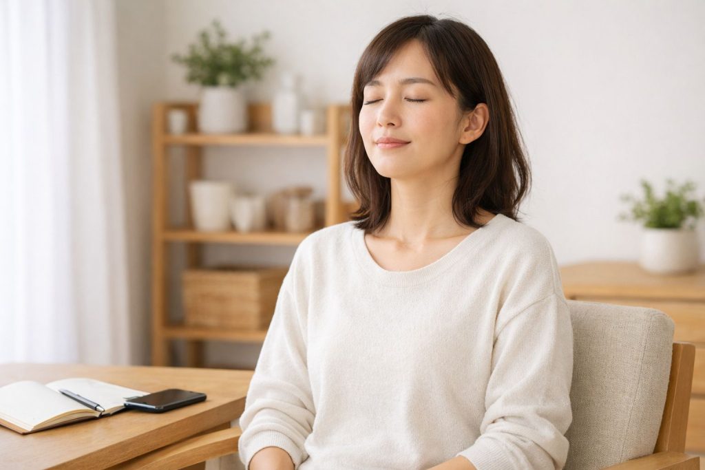 椅子に座り、静かに呼吸している女性