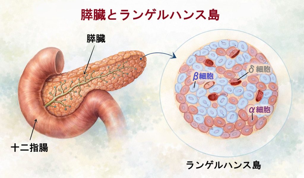 膵臓とランゲルハンス島の説明図