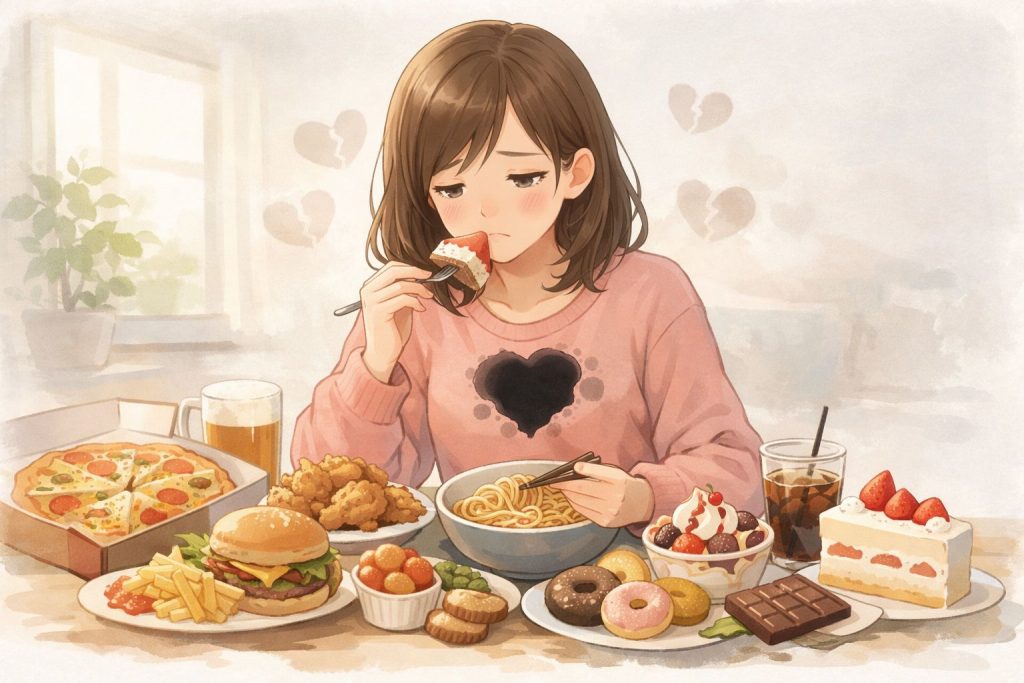 食べすぎてしまう人のイラスト
