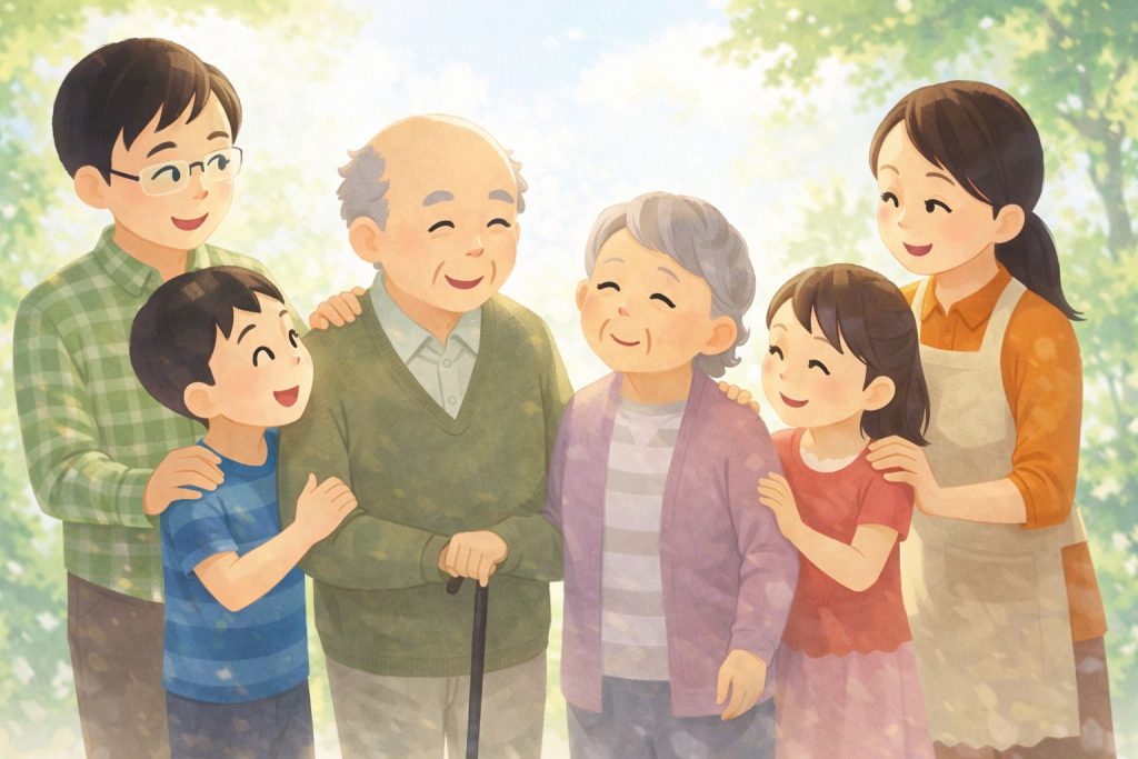 家族と高齢者のイラスト