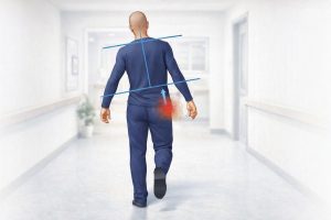 片側の脚をかばいながら歩いている男性のイメージ