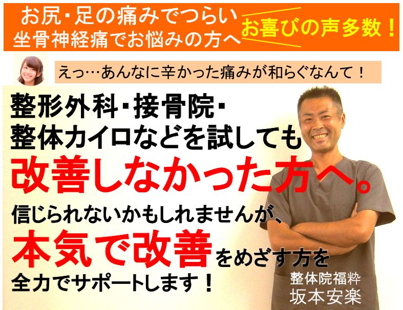 お尻・足の痛みでつらい、坐骨神経痛でお悩みの方へ。本気で改善をサポートします！（太田市　整体院福粋）