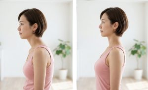 左が猫背で頭が前に出ている人。右が姿勢が良い人。