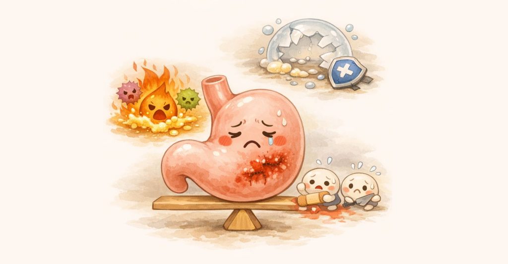 胃を守る3つの仕組みのバランスが崩れた場面