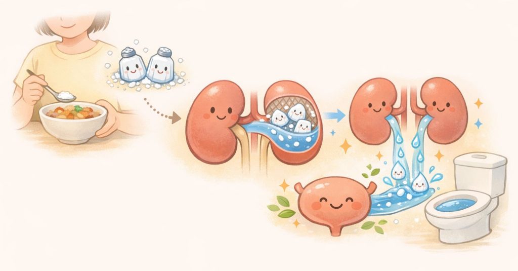 余分な塩分は腎臓でろ過され排出されるイメージ