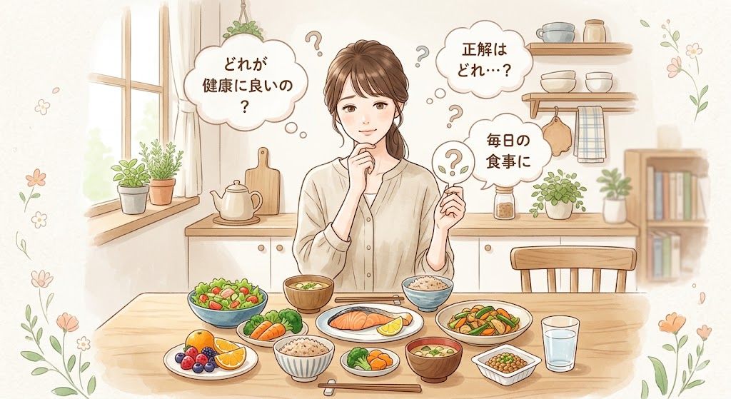 食事の前で何を食べたらいいか迷っているイメージ