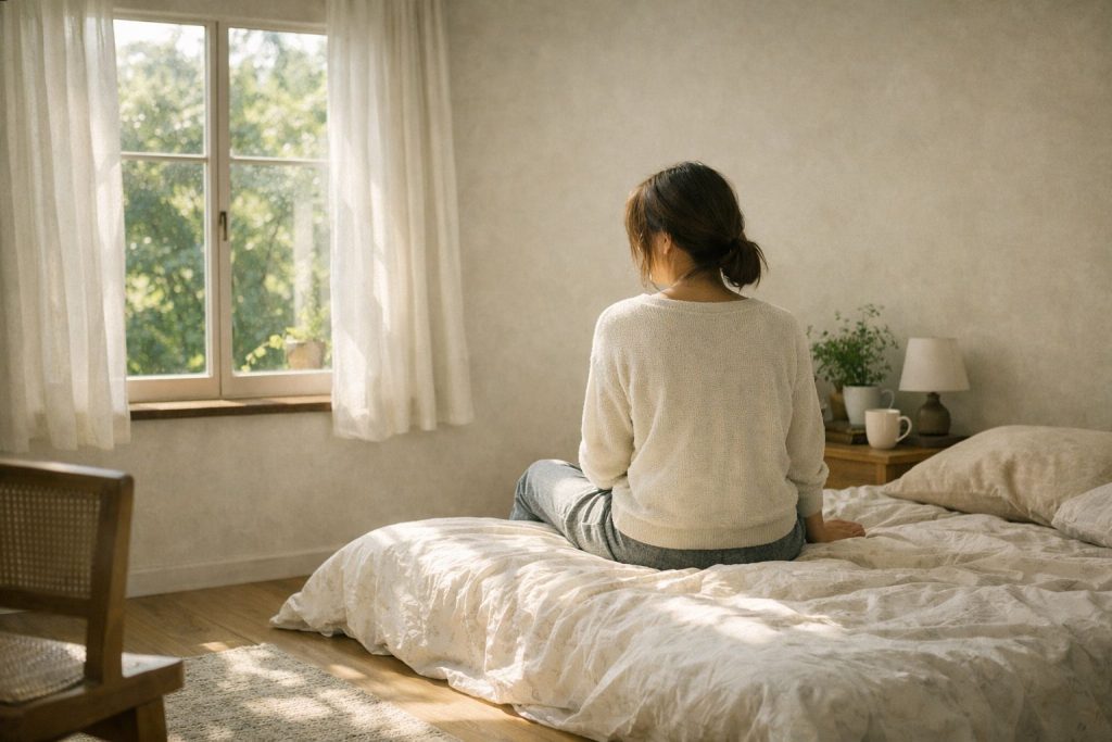 病院では異常がないと言われたのに、なんとなく不調が続いている雰囲気の後ろ姿の図