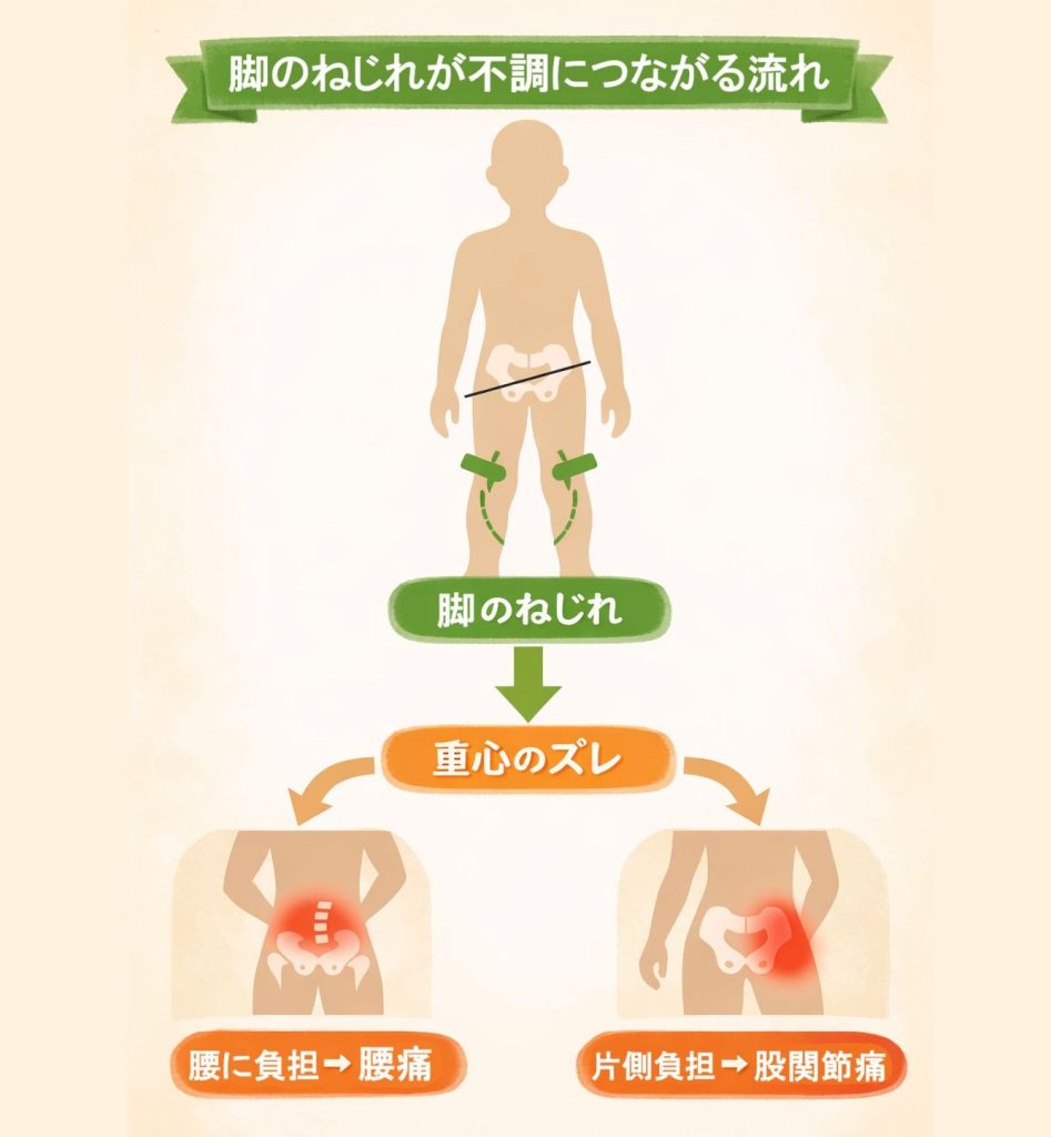 「脚のねじれ」→「重心のズレ」から負担が掛かり「腰痛」や「股関節痛」が発生する図