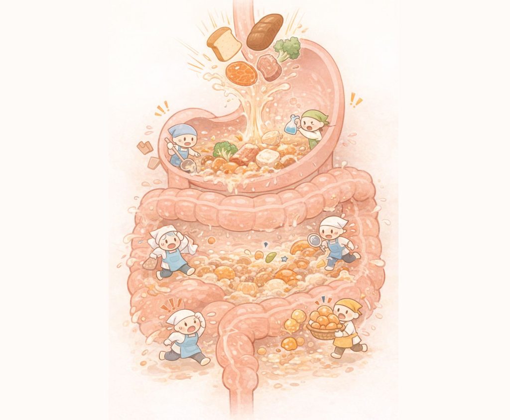 食べ物が胃腸に落ちてきて掃除と修復を止めて消化吸収に取り掛かっているイメージ