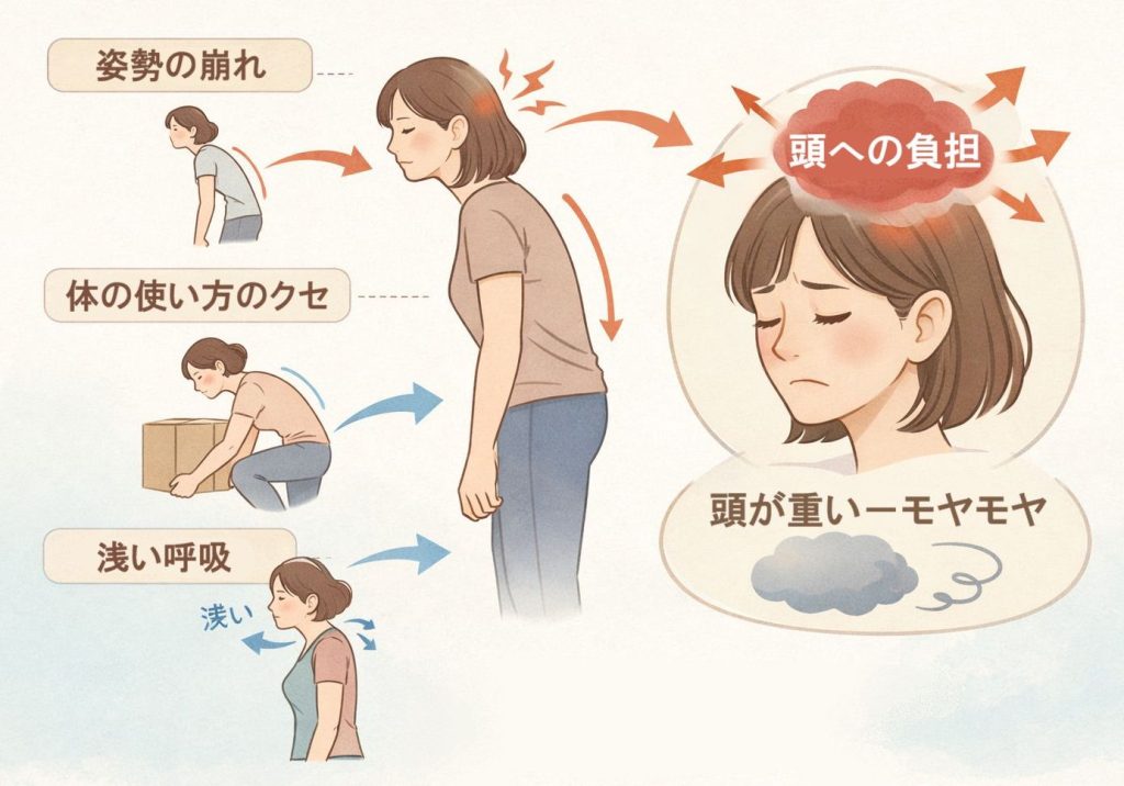 姿勢の崩れや体の使い方のクセ、浅い呼吸から頭へ負担がかかっている説明図