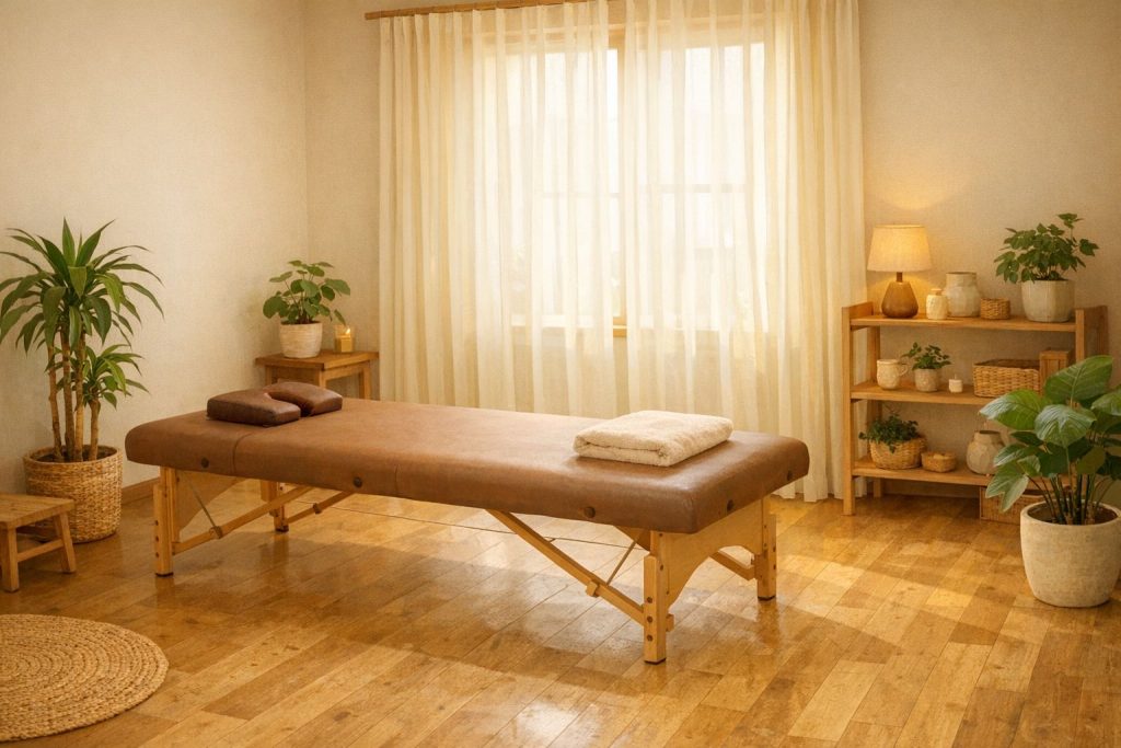 静かで自然な木の温もりを感じる施術室