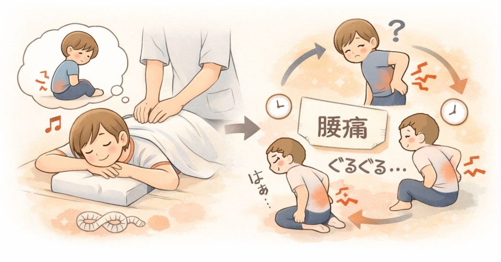 施術後は楽に感じても、腰のつらさを繰り返しているイメージ