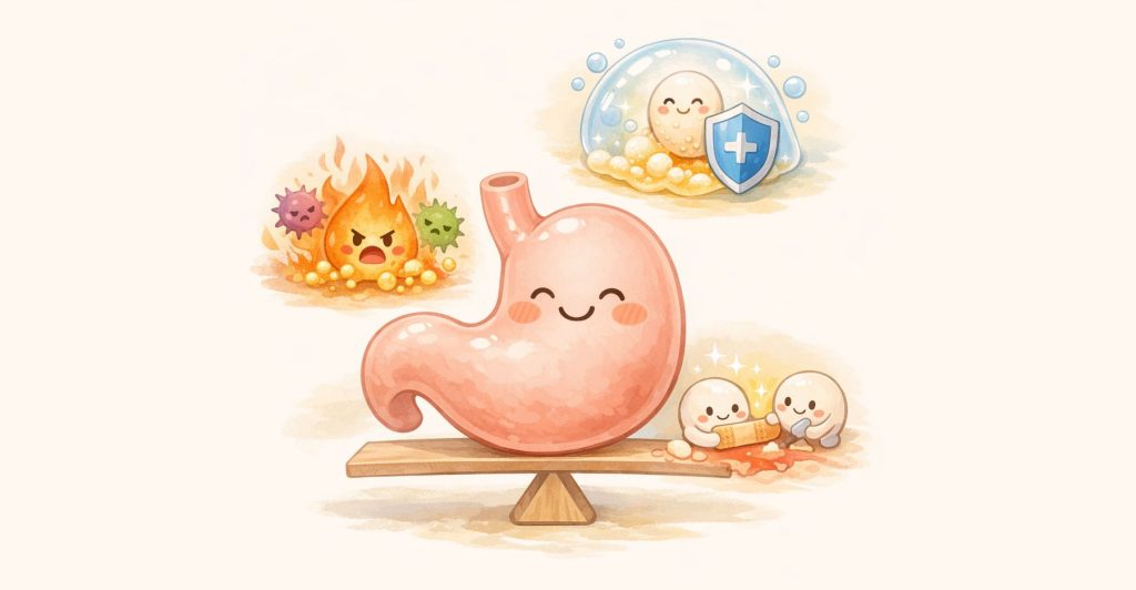 胃を守る3つの仕組みがバランスしているイメージ