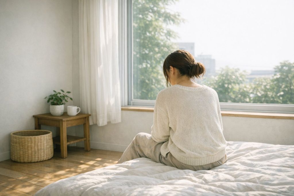 少し疲れている雰囲気の後ろ姿の図