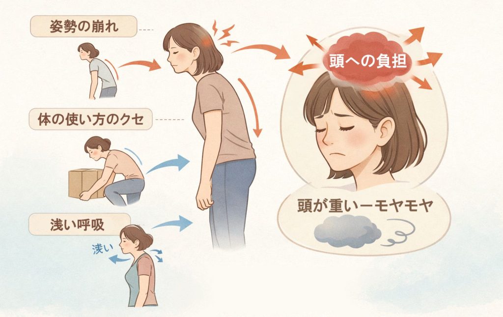 頭に負担がかかっている場面