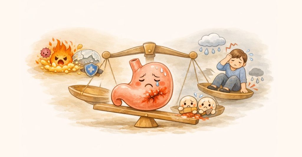 胃のバランスの崩れと体全体のバランスの崩れのイメージ