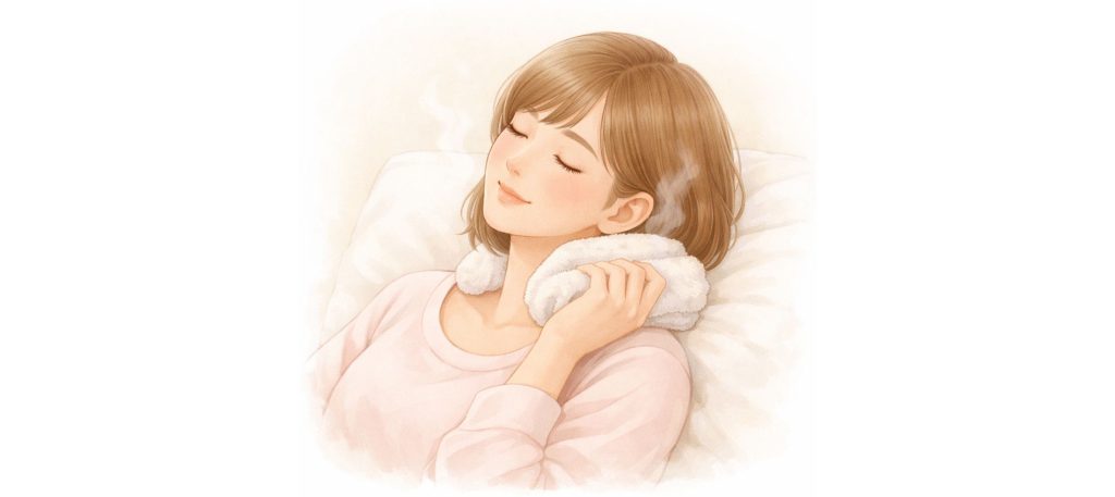 首の後ろをホットタオルで温めている図