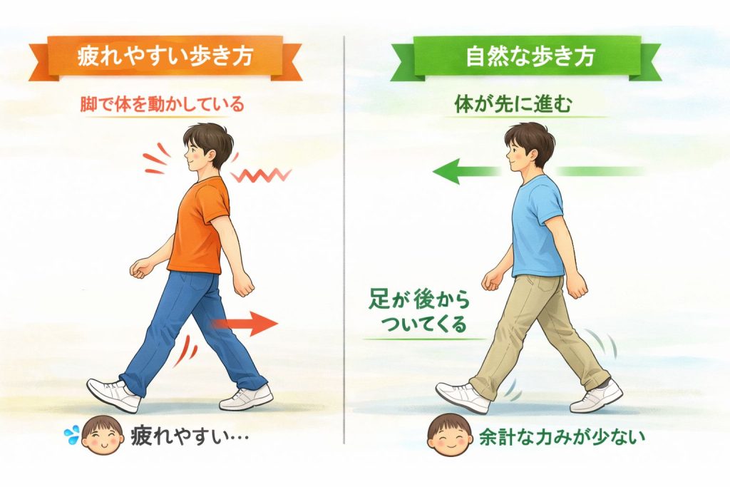 脚を動かして前へ進む歩行と体の重心が先に移動する歩行の違い