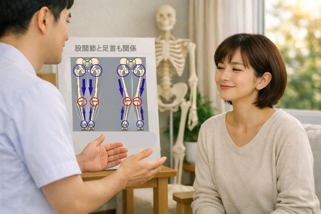 膝は股関節と足関節が関係の説明を聞いているイメージ