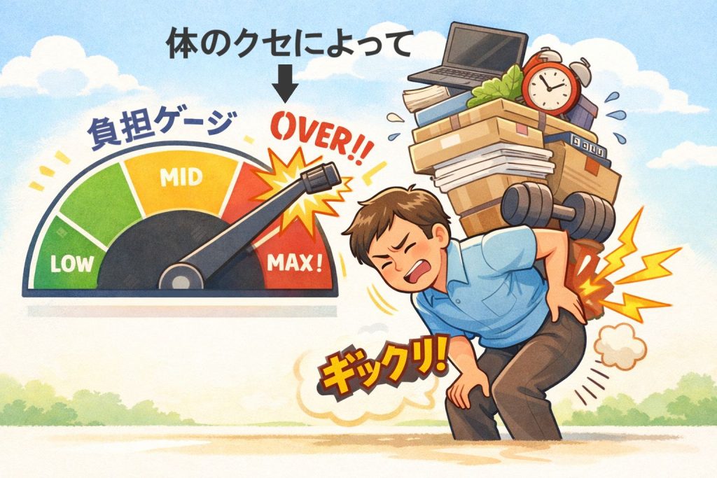 体の癖によって負担が限界になり、ぎっくり腰になるイメージ