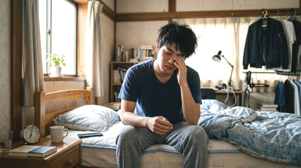 朝起きても昨日の疲れが残っているイメージ
